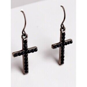 Black Crystal Cross Earrings Dark Romance Gothic Vintage Spain Prong Set